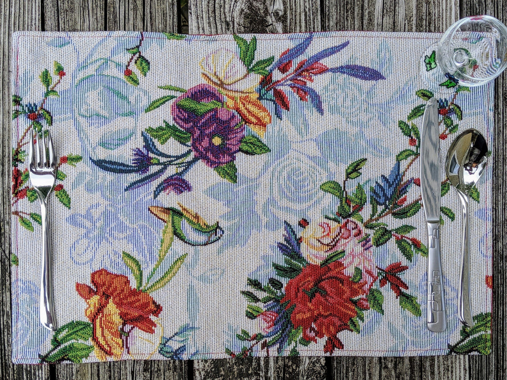 DaDa Bedding Set of 4-Pieces Tropical Sky Blue Birds Floral Tapestry Dining Table Placemats 13” x 19” (18116)