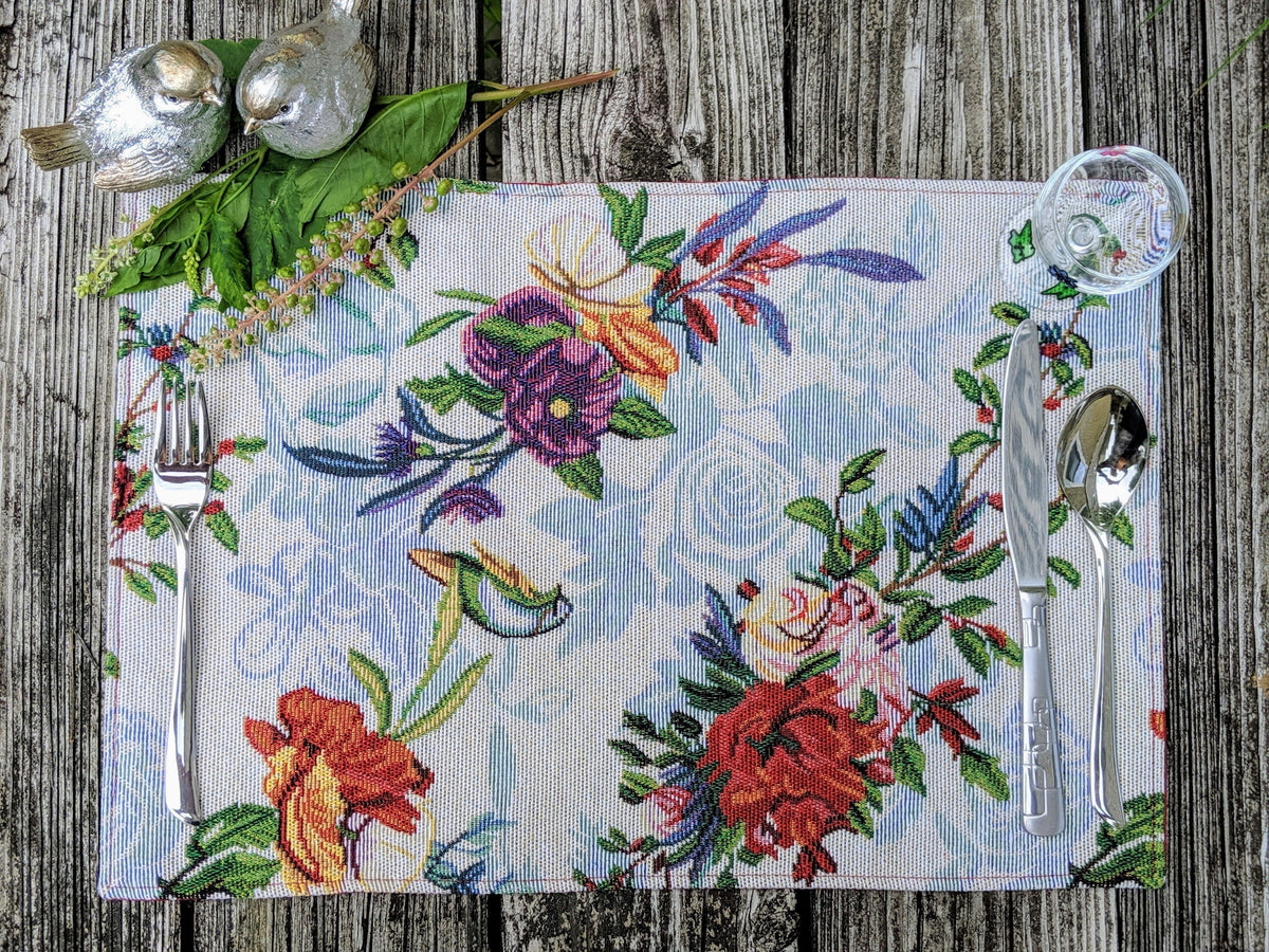 DaDa Bedding Set of 4-Pieces Tropical Sky Blue Birds Floral Tapestry Dining Table Placemats 13” x 19” (18116)