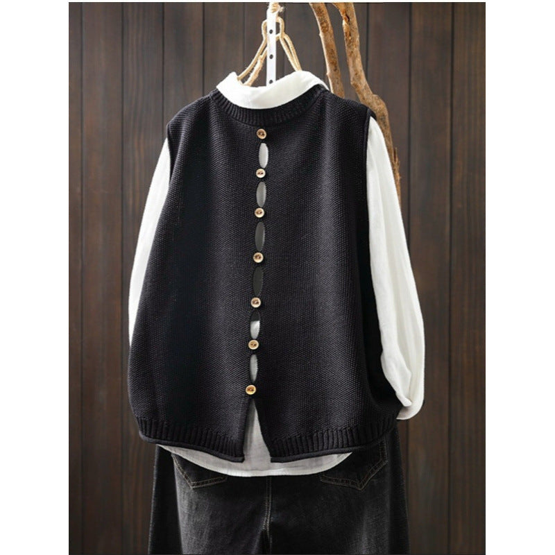 Back Buttoned Cotton Thread Knitted Vest Women