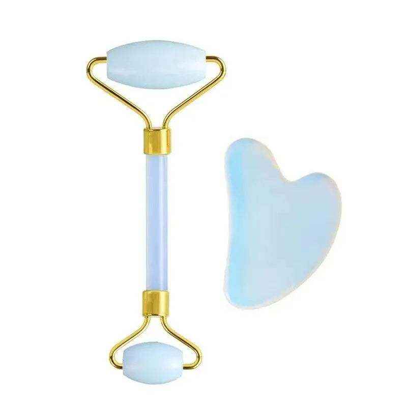 100% Natural Opal Clear Blue Roller Guasha Set - Massage Beauty Tools for Skin Firming Natural Glow and Stress Relief