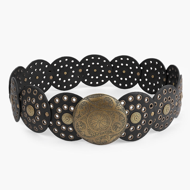 Disc Hook Leather Retro Rivet Alloy Belt Wide Belt