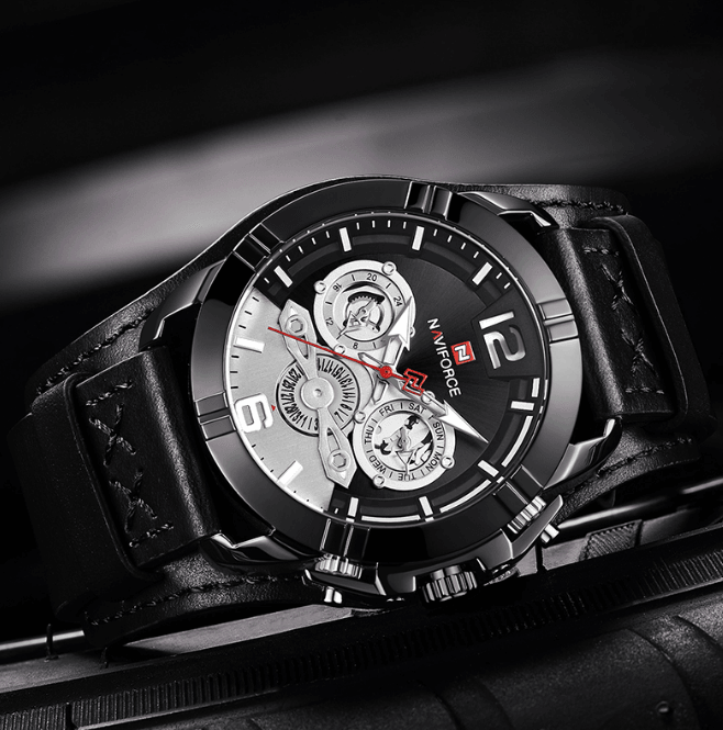 Men's Leather Waterproof Watch With Chronometers And Fluorescent Hands Excellent Design Perfect Gift