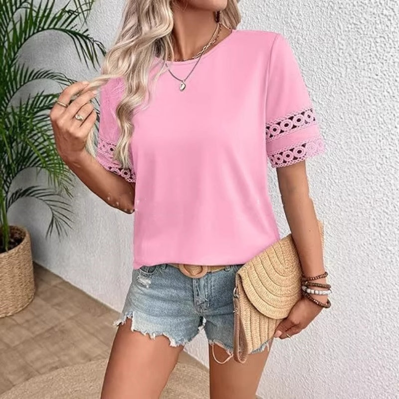 Womens Round-Neck Hollow Short-Sleeve Shirt T-Shirt