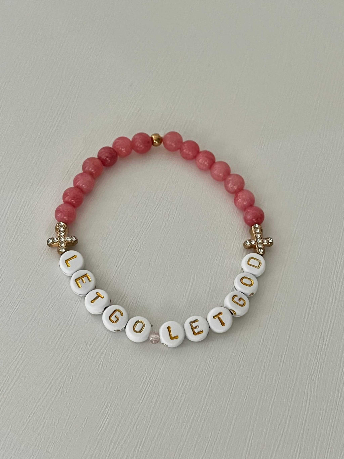 Let Go Let God Bracelet - Pink Marbled Beads & Gold Crosses