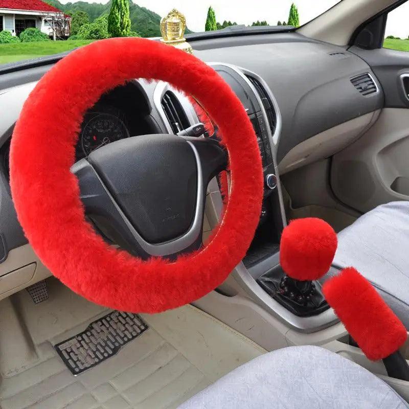 3Pcs Set Winter Fashion Wool Fur Soft Furry Car Steering Wheel Covers 16 Colors Winter Universal Hand Brake Gear Cover  Car Accessories