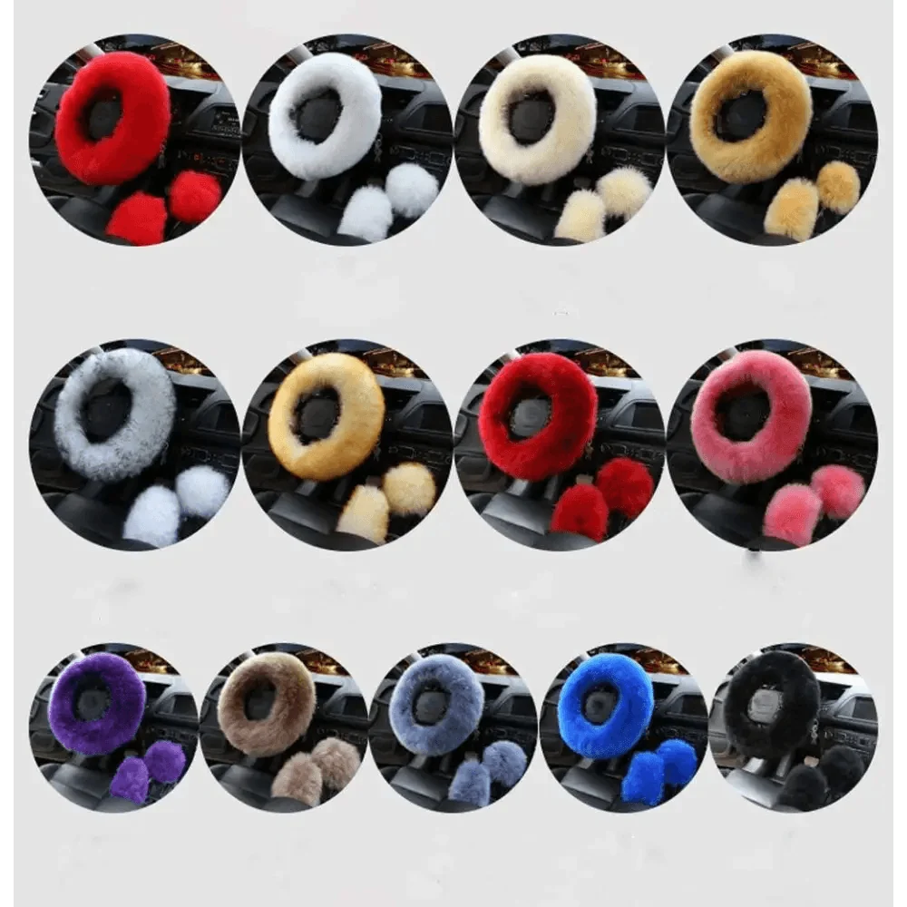 3Pcs Set Winter Fashion Wool Fur Soft Furry Car Steering Wheel Covers 16 Colors Winter Universal Hand Brake Gear Cover  Car Accessories