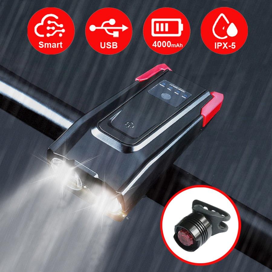 4000mAh Bicycle Front Light Set USB Rechargeable Smart Headlight With Horn 800 Lumen LED Bicycle Light Set USB Rechargeable Super Bright  Bike Headlight