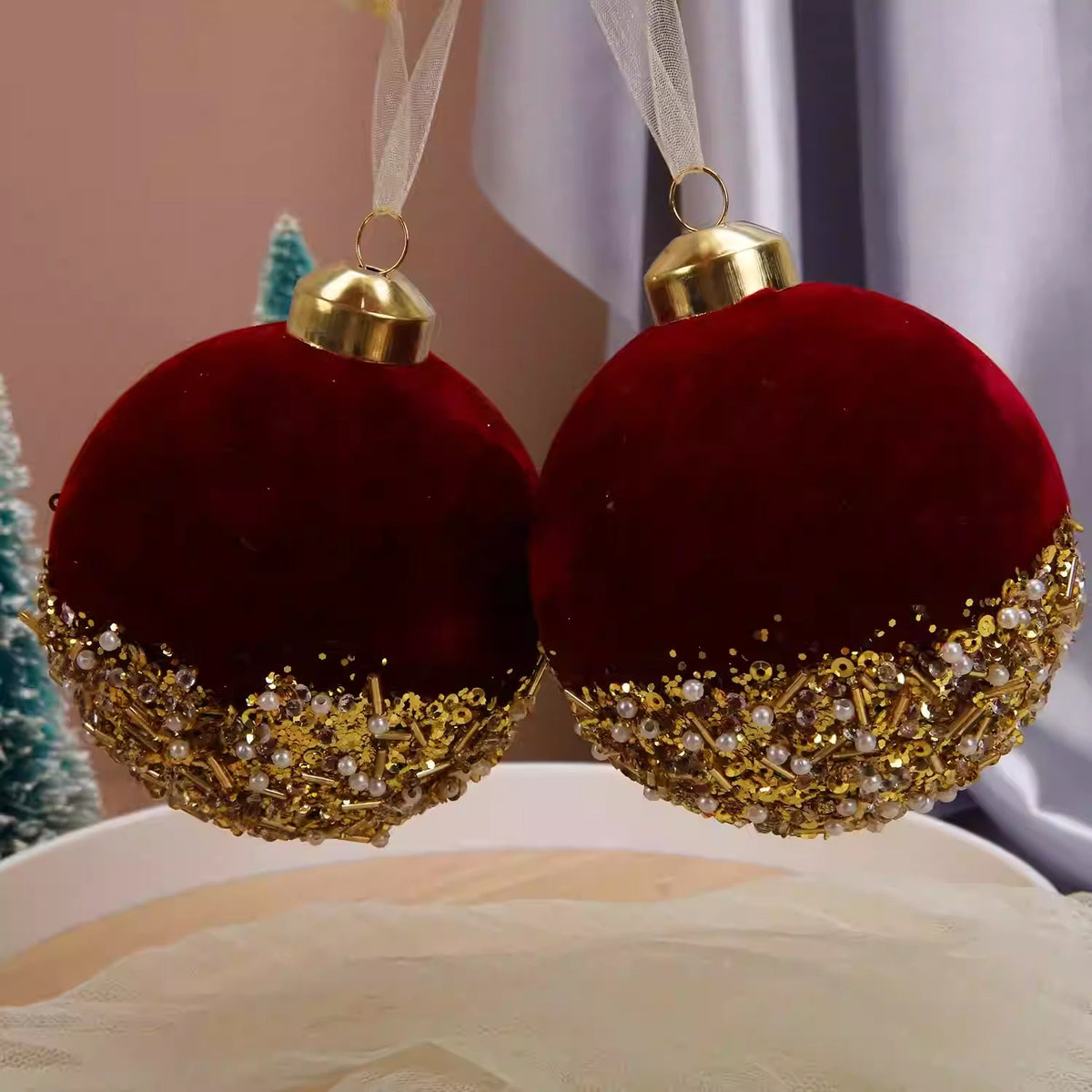 Christmas Decorations Burgundy Flocking Glass Ball Christmas