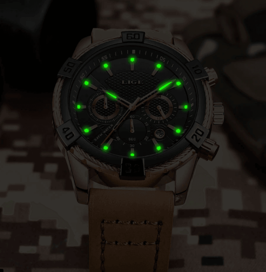 Men's Waterproof Watch With Chronometers Date Display Gold Detail Excellent Background Perfect Gift
