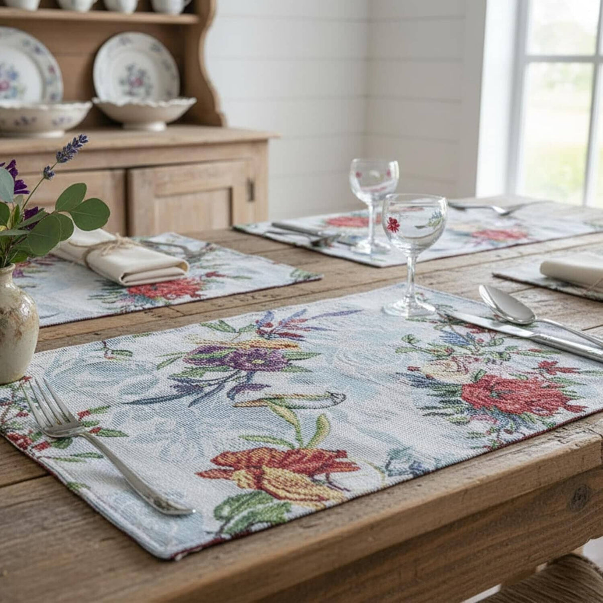 DaDa Bedding Set of 4-Pieces Tropical Sky Blue Birds Floral Tapestry Dining Table Placemats 13” x 19” (18116)