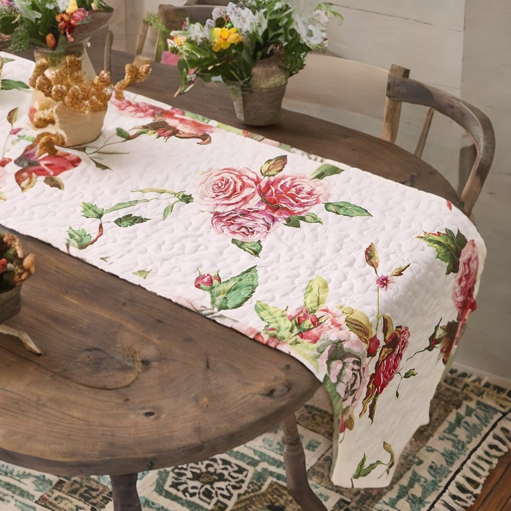 DaDa Bedding Romantic Roses Pink White Lovely Floral Quilted Dining Table Runner (879)