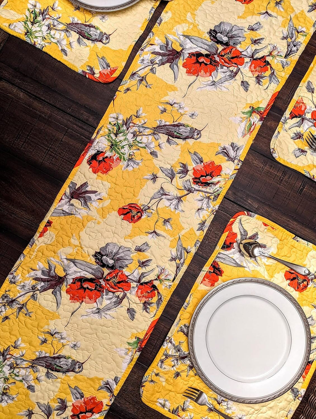 DaDalogy Bedding Sunshine Yellow Floral Vintage Hummingbirds Garden Table Runner (925)
