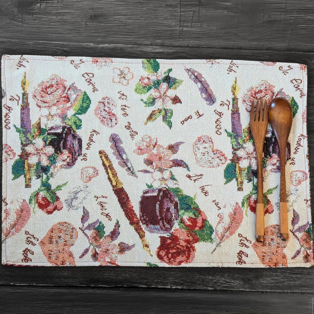 DaDa Bedding Set of 4-Pieces Sweet Love Notes Pink Floral Tapestry Dining Table Placemats 13” x 19”