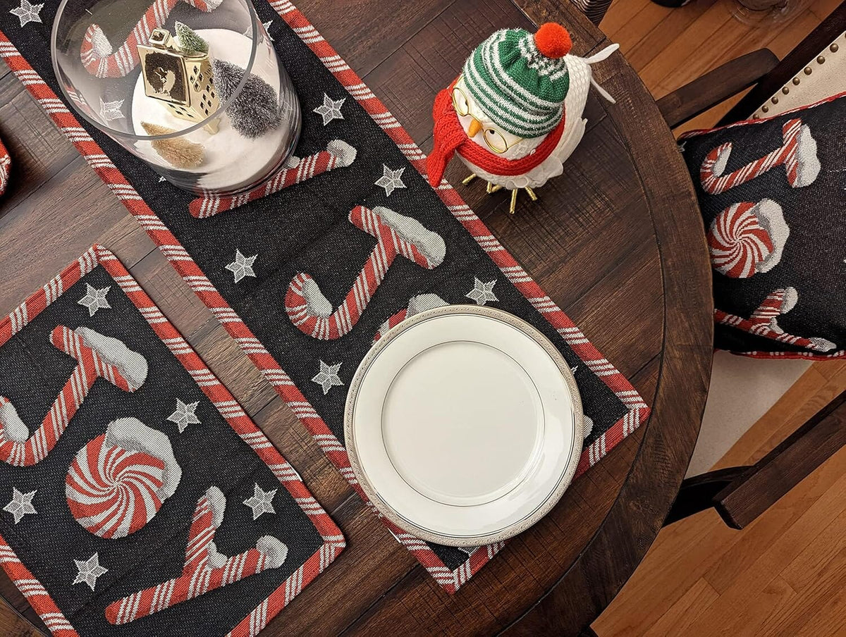 DaDa Bedding Set of 4-Pieces Peppermint Joy Holiday Tapestry Placemats 13” x 19” (12904)