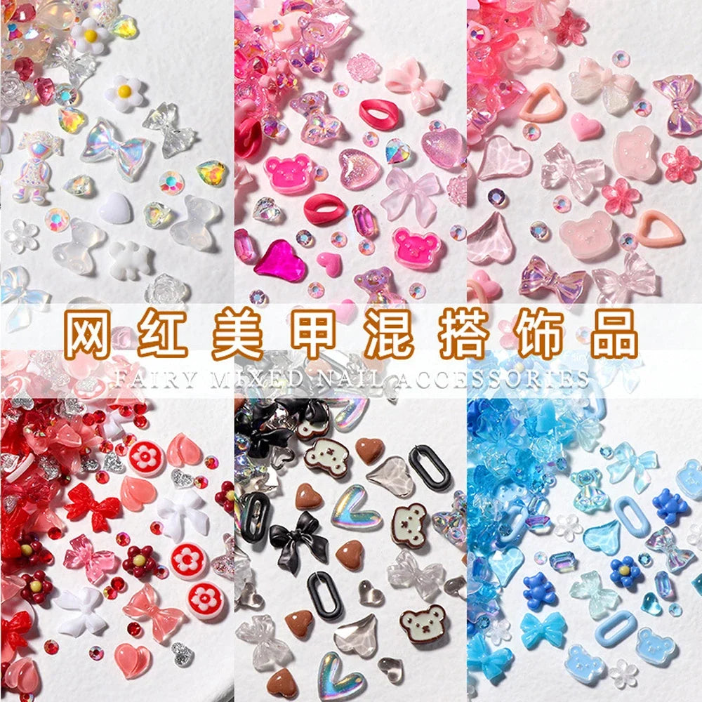 50PCS Mixed Kawaii Resin Nail Art Charms 3D Flower Bow Animals Rhinestones Nail Decorations DIY Manicure Professional Supplies
