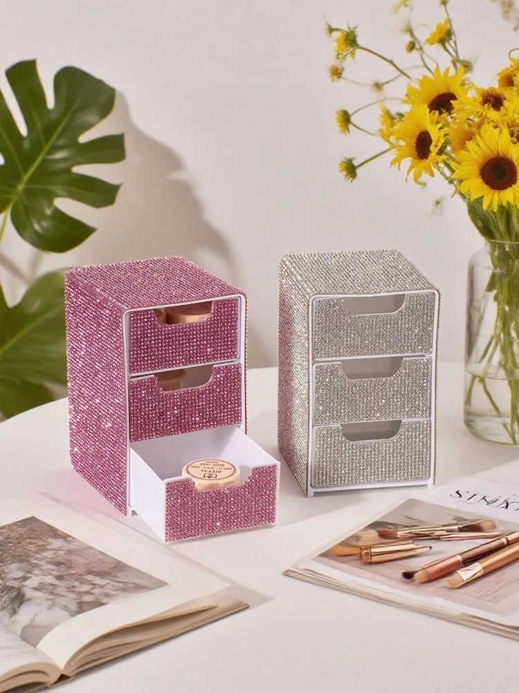 3 levels Glitter Diamond Storage Box Drawer Makeup Organizer Transparent Acrylic Cosmetic Case for Jewelry Desktop Organizer