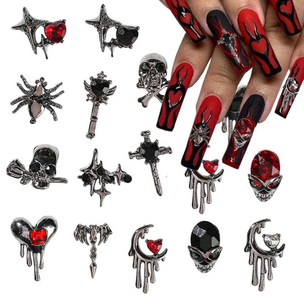 10PCS Gothic Punk Style Alloy 3D Nail Art Charms Heart Skeleton Cross Spider Design For Halloween Nails Decoration Accessories