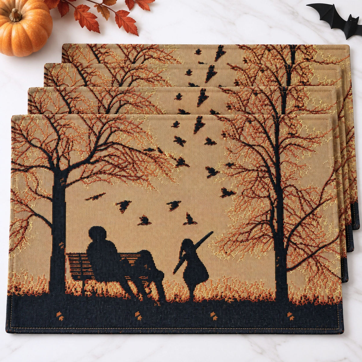DaDalogy Bedding Set of 4 Pieces Autumn Birds Blessing Tapestry Dining Placemats 13” x 19” (Halloween)