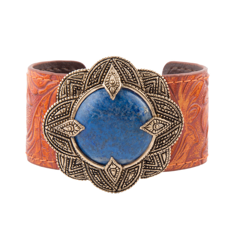 Ornate Blue Lapis Golden Leather Cuff Bracelet