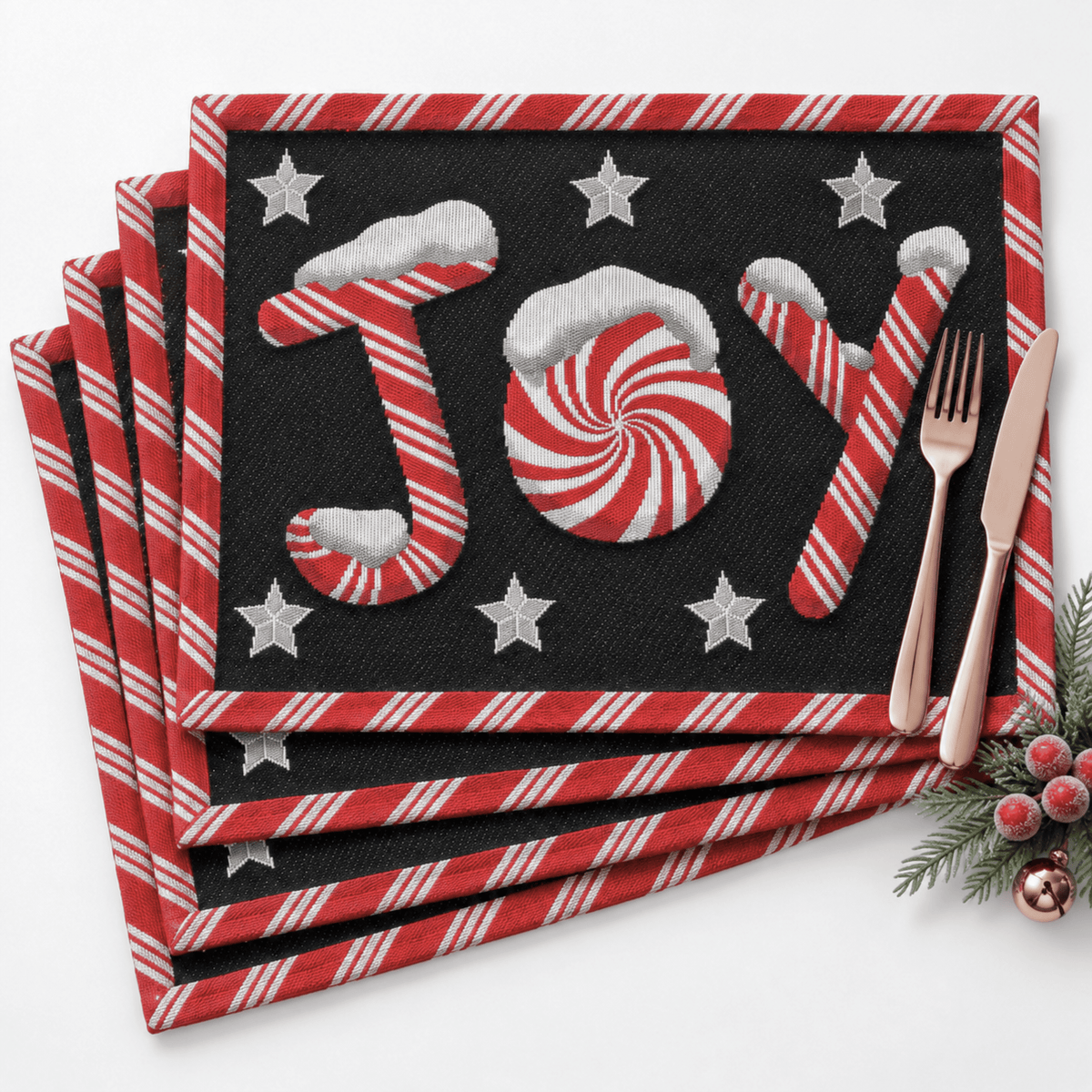 DaDa Bedding Set of 4-Pieces Peppermint Joy Holiday Tapestry Placemats 13” x 19” (12904)