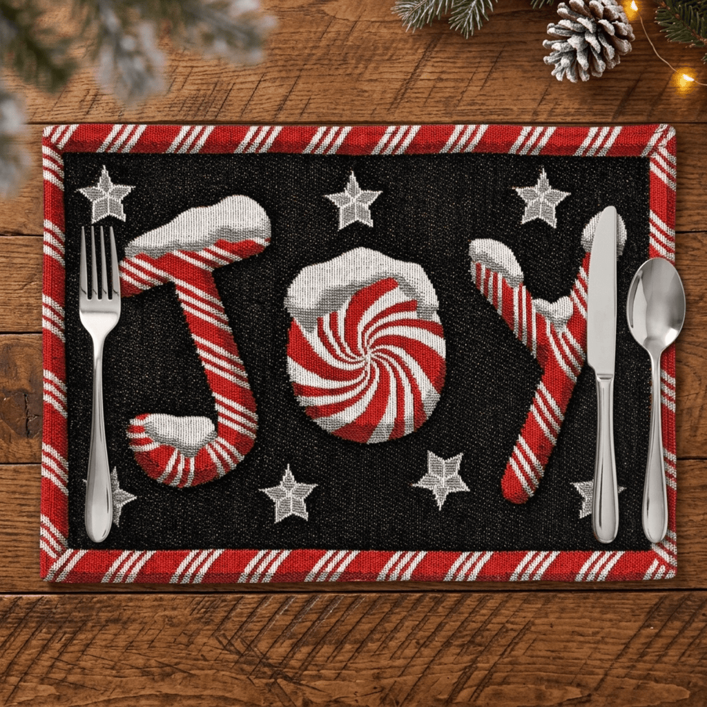 DaDa Bedding Set of 4-Pieces Peppermint Joy Holiday Tapestry Placemats 13” x 19” (12904)