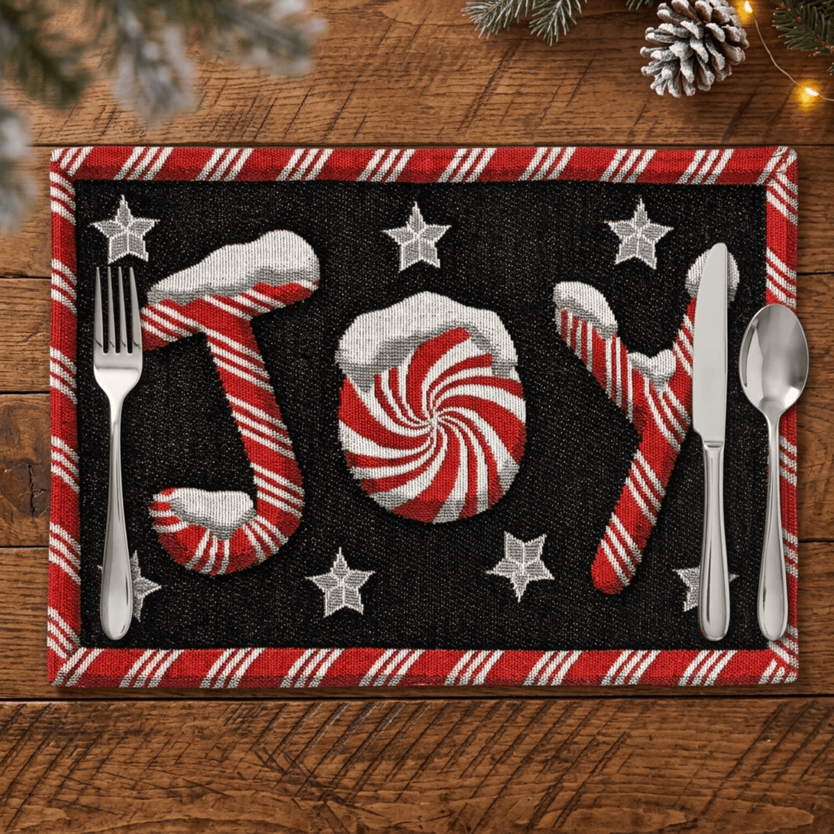 DaDa Bedding Set of 4-Pieces Peppermint Joy Holiday Tapestry Placemats 13” x 19” (12904)