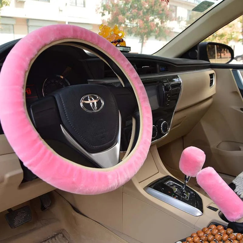 Universal Plush Steering Wheel Cover Set 3pcs Faux Fur Car Steering Wheel Hand Brake Gear Shift Covers for 36-40cm Warm Winter