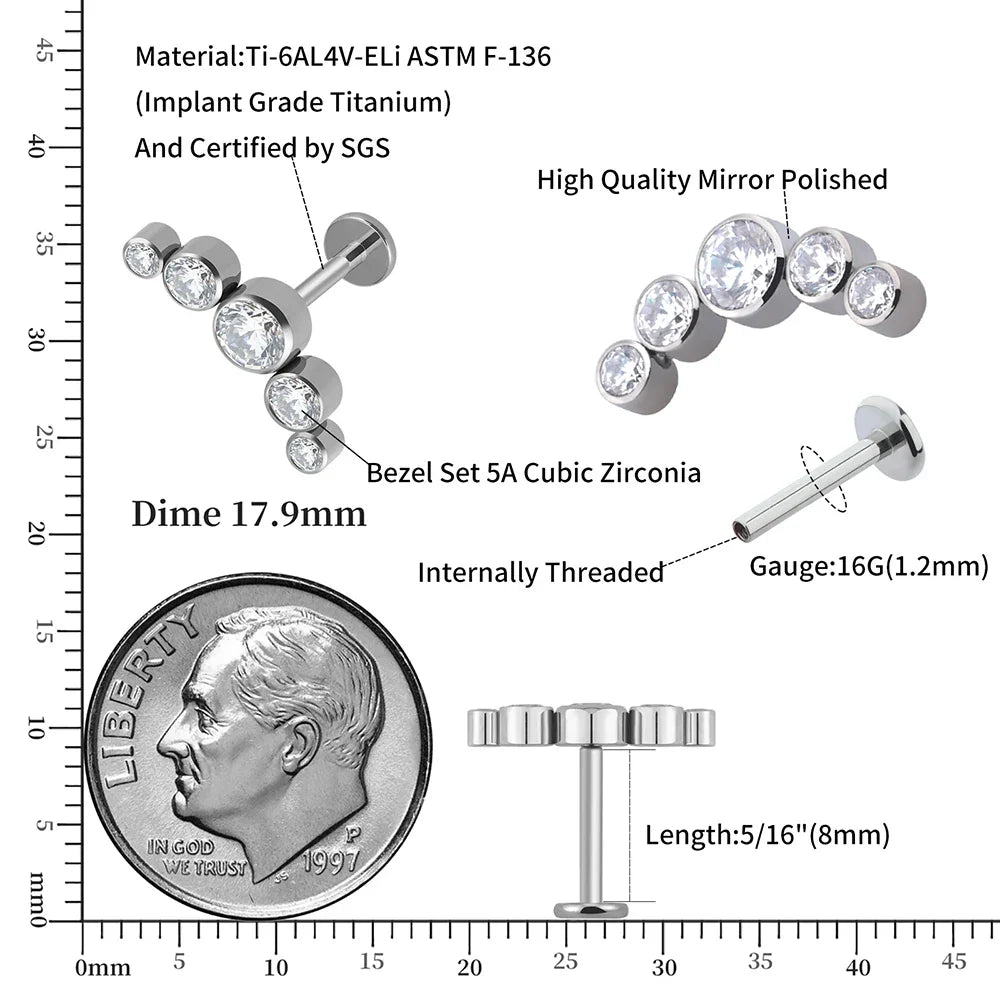 Right Grand ASTM F136 Titanium Internal Thread Bezel Set 5 Cubic Zircon Curved Cluster Labret Lip Piercing