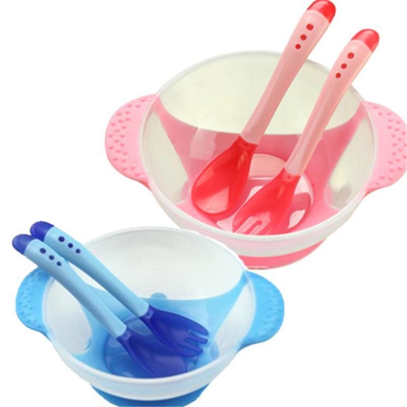 3Pcs Set Baby Dishes With Suction Cup Assist Food Bowl Temperature Sensing Spoon Baby Tableware Baby Utensils Spoon+Fork