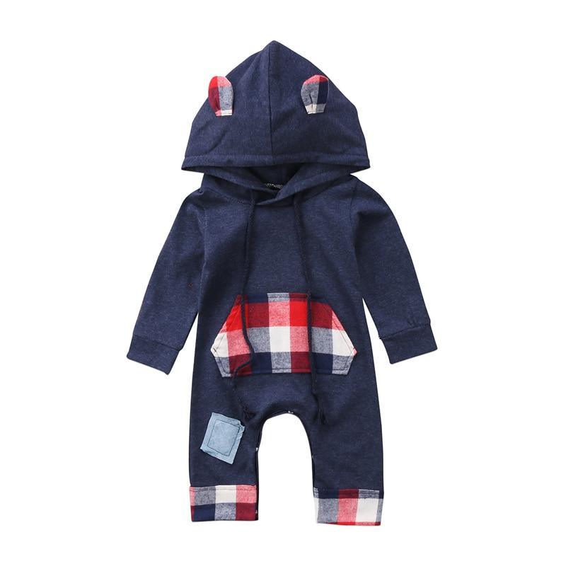 New Fashion Elegant Modern Autmn Romperfor For Newborn Infant Kids Baby Boys and Grid Romper Jumpsuit Hooded In Trendy Style