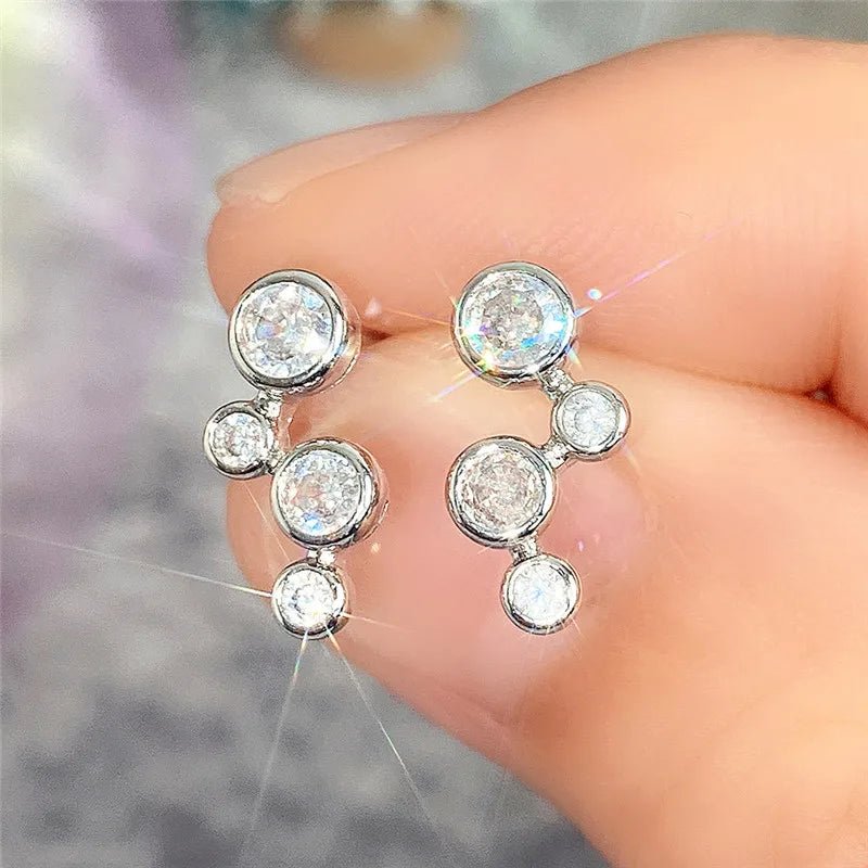 Huitan Minimalist Silver Color Stud Earrings for Women Round Cubic Zirconia Low-key Lady Ear Earrings Nice Gift Fashion Jewelry