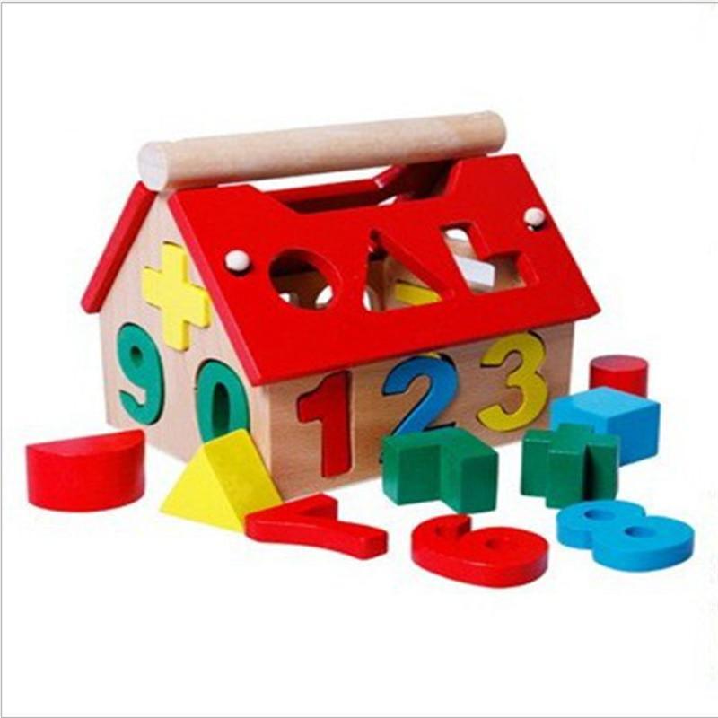 Children's Colour Wooden House With Shape Children Early Educational Model Assembling Blocks Develop Intelligence Game Toy