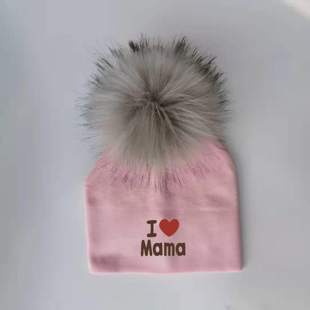 Newborn Cotton Hats Baby Pom Pom Childre Infant Hats For BabY Boys and Girls Wth Printed "I love mama " and " Design