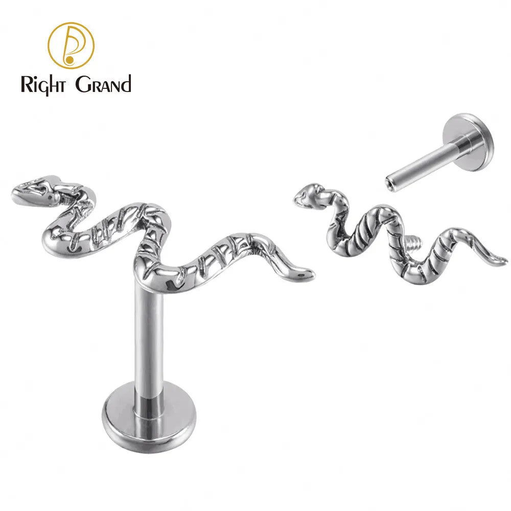 Right Grand ASTM F136 Titanium Implant Grade 16G Internal Thread Snake Labret Tragus Lip Rings Studs Helix Earring Piercings
