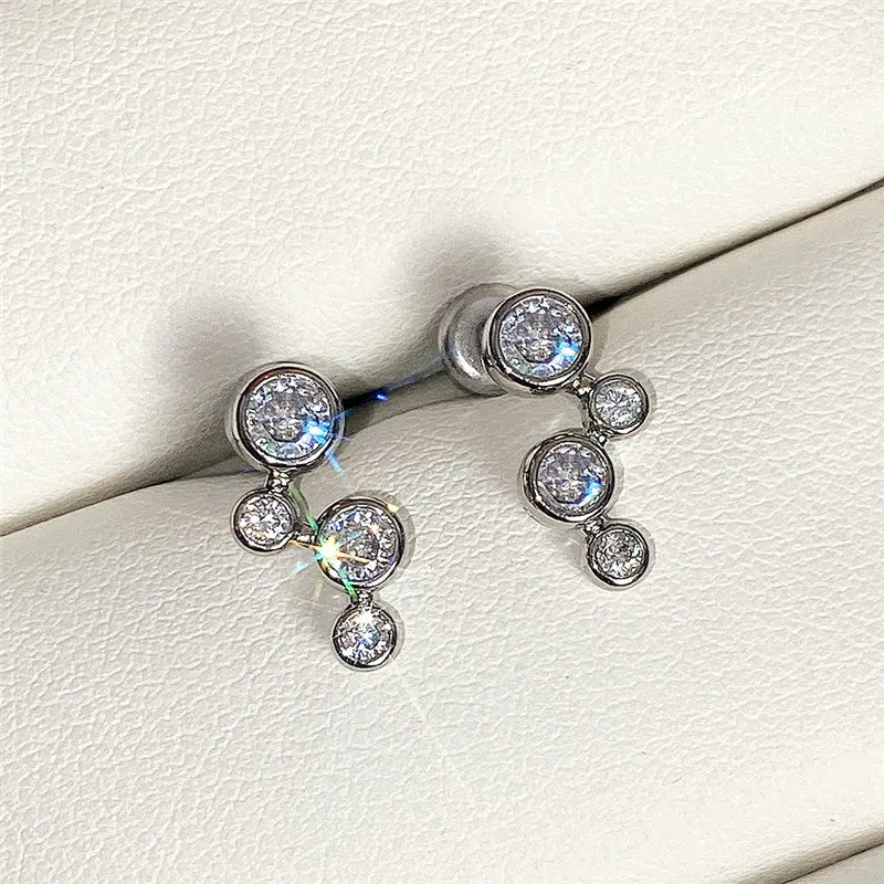 Huitan Minimalist Silver Color Stud Earrings for Women Round Cubic Zirconia Low-key Lady Ear Earrings Nice Gift Fashion Jewelry