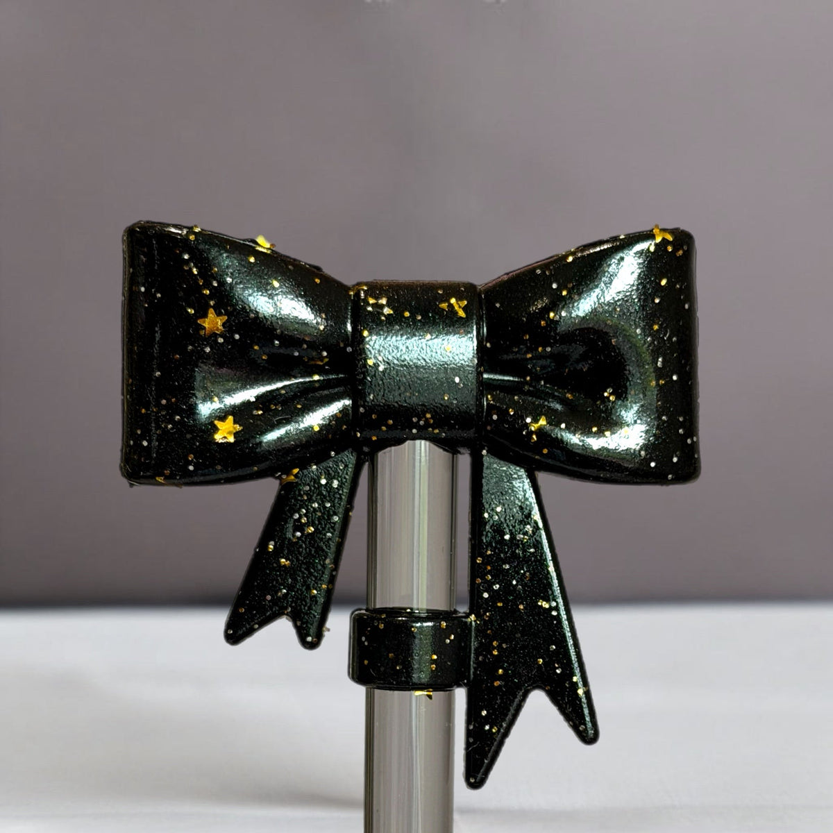 Black & Gold Glitter 3D Bow Straw Topper