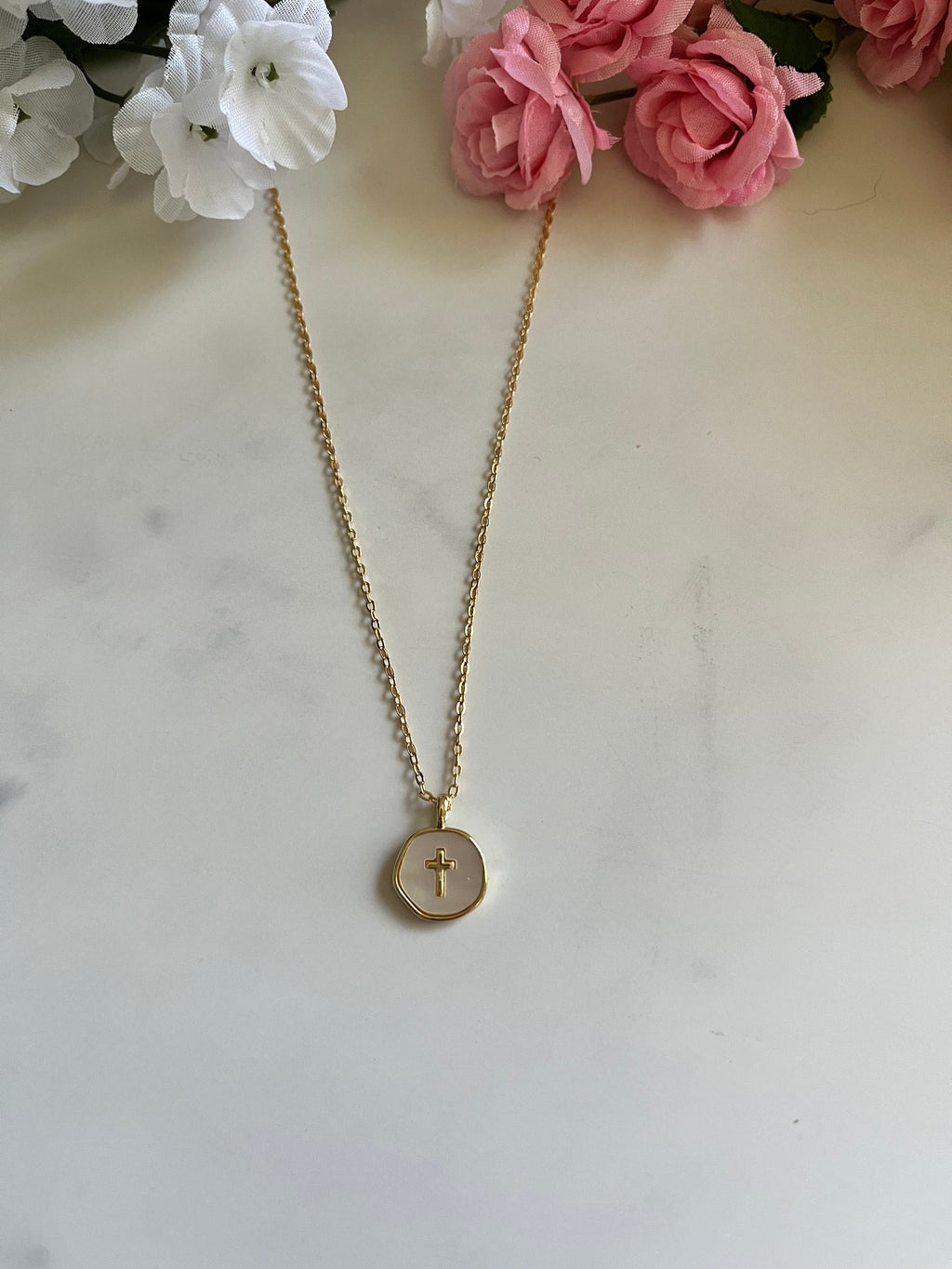 Gold Necklace with Pearl Cross