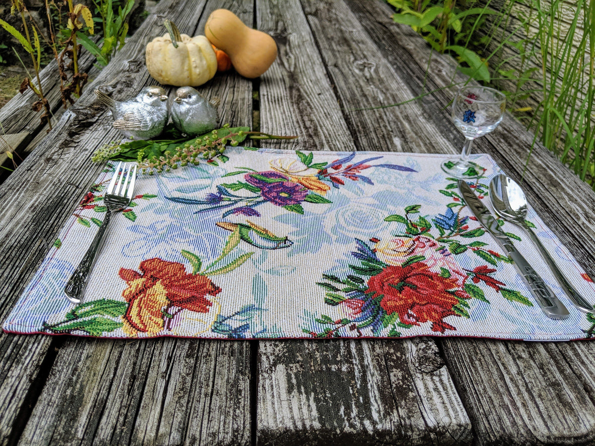 DaDa Bedding Set of 4-Pieces Tropical Sky Blue Birds Floral Tapestry Dining Table Placemats 13” x 19” (18116)