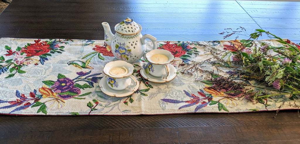 DaDa Bedding Floral Roses Tropical Paradise Birds Woven Tapestry Dining Table Runner (18116)