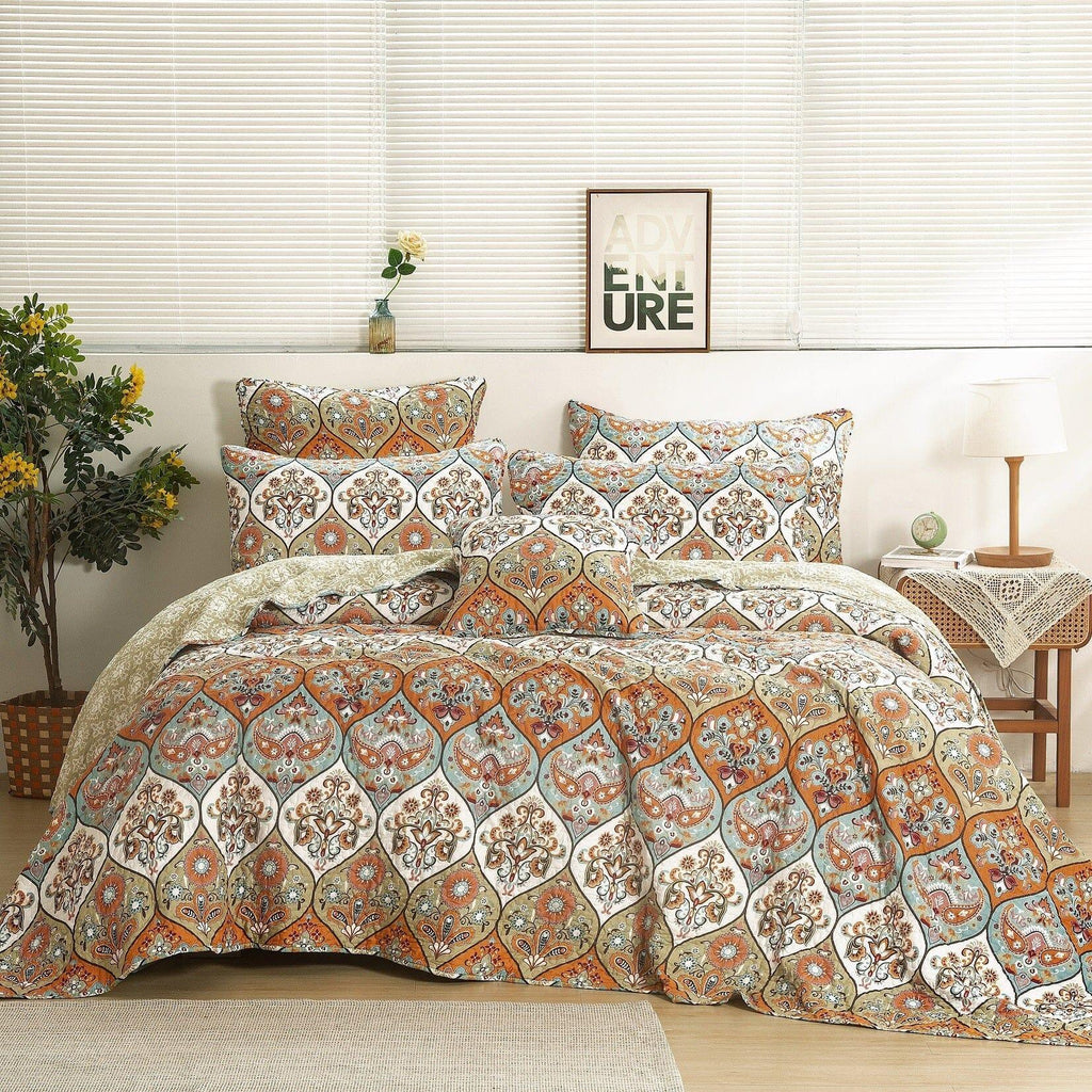 DaDa Bedding Bohemian Floral Paisley Garden Coral Teal Quilted Bedspread Set (LH1403)