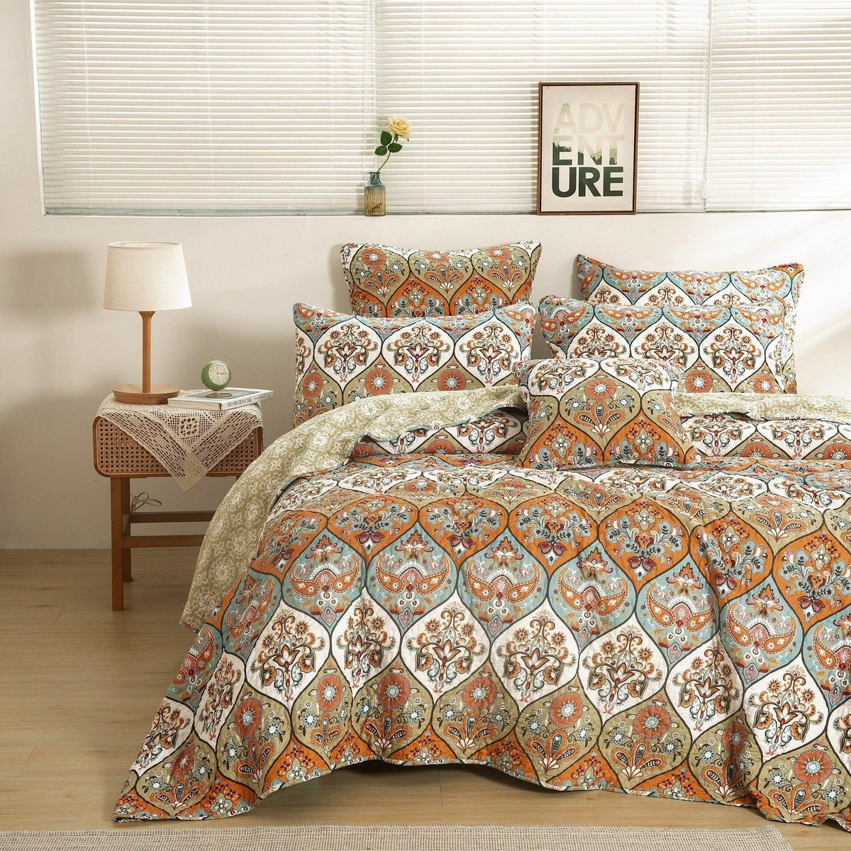 DaDa Bedding Bohemian Floral Paisley Garden Coral Teal Quilted Bedspread Set (LH1403)