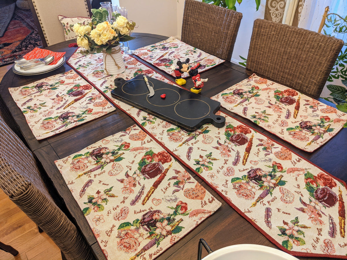 DaDa Bedding Set of 4-Pieces Sweet Love Notes Pink Floral Tapestry Dining Table Placemats 13” x 19”