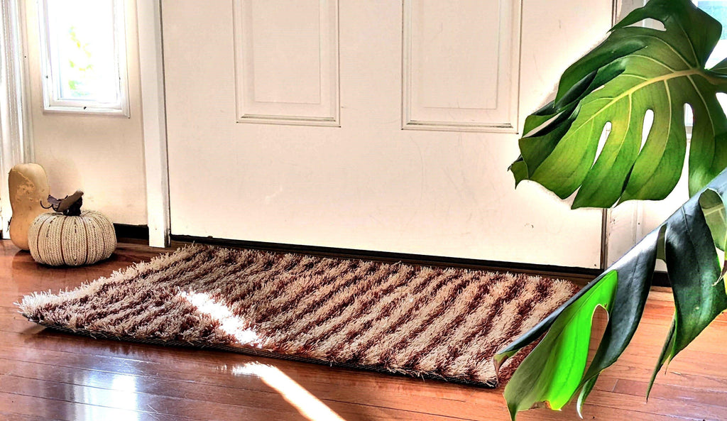 DaDa Bedding Shaggy Soft Door Mat Carpet Rug - 20" x 32" Striped Shiny Coffee Light Beige / Dark Brown