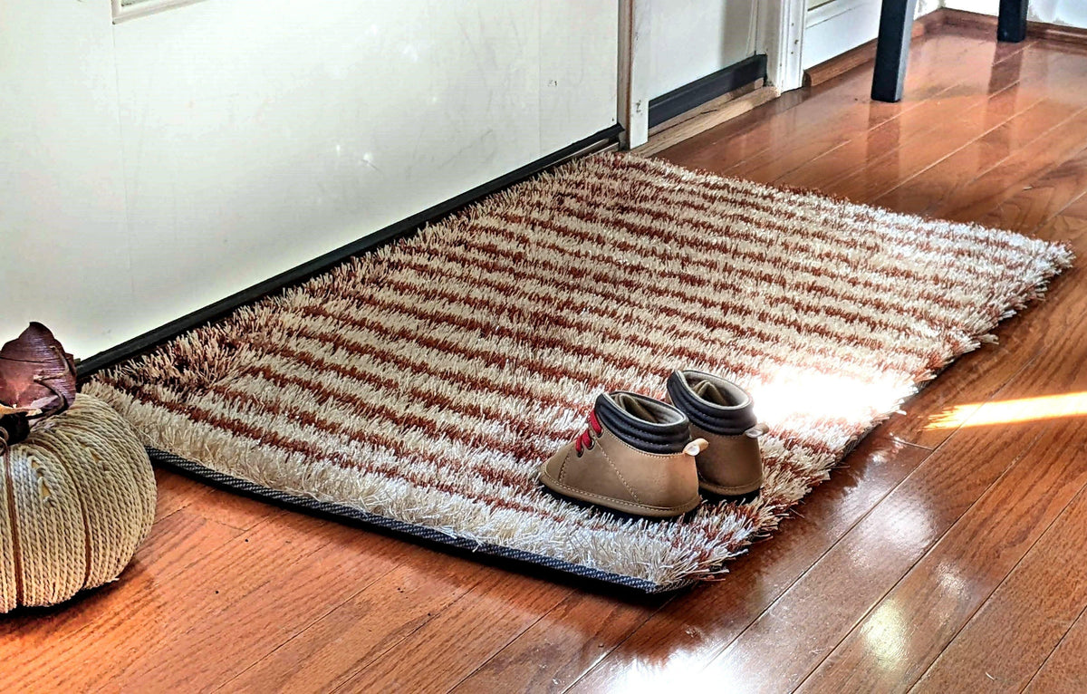 DaDa Bedding Shaggy Soft Door Mat Carpet Rug - 20" x 32" Striped Shiny Coffee Light Beige / Dark Brown