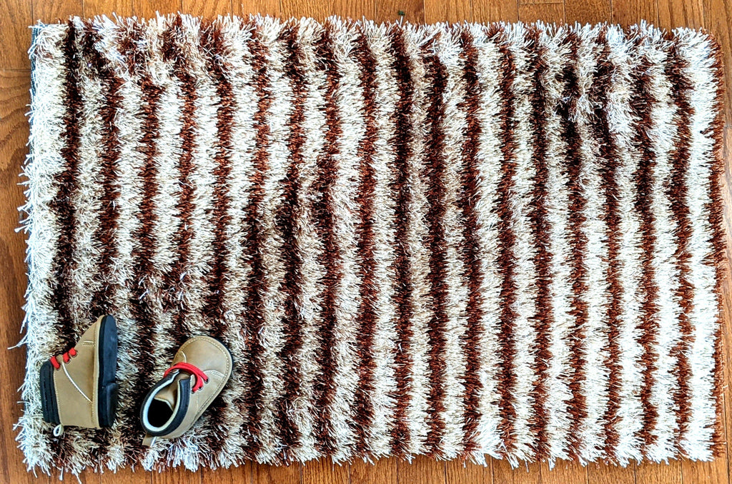 DaDa Bedding Shaggy Soft Door Mat Carpet Rug - 20" x 32" Striped Shiny Coffee Light Beige / Dark Brown