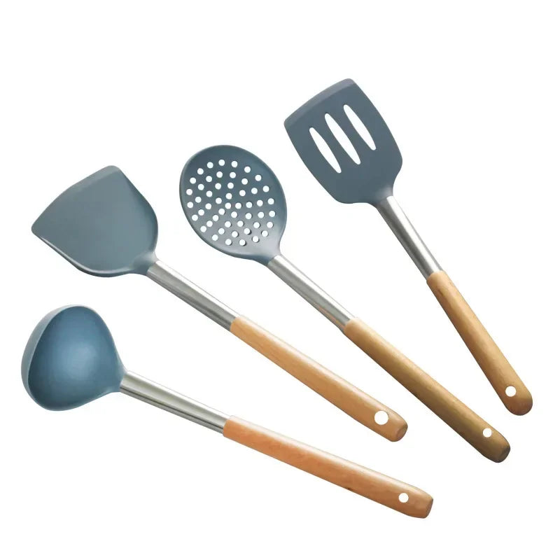 Silicone Kitchen Utensils, Silicone Spatula, Wooden Handle, Silicone Soup Spoon, Leak-Proof Spatula, Non-Stick Pan
