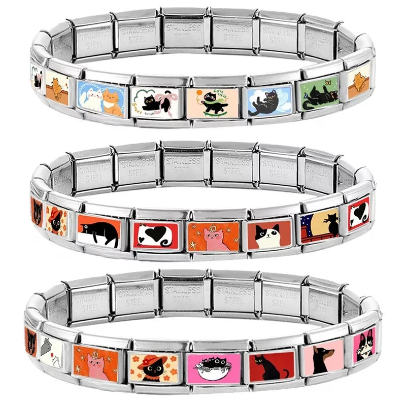Wholesale 2025 Fashion Cute Black Cat Series Dog Pet Animals Italian Charm Fit 9mm Stainless Steel Women DIY Bracelet Jewelrys