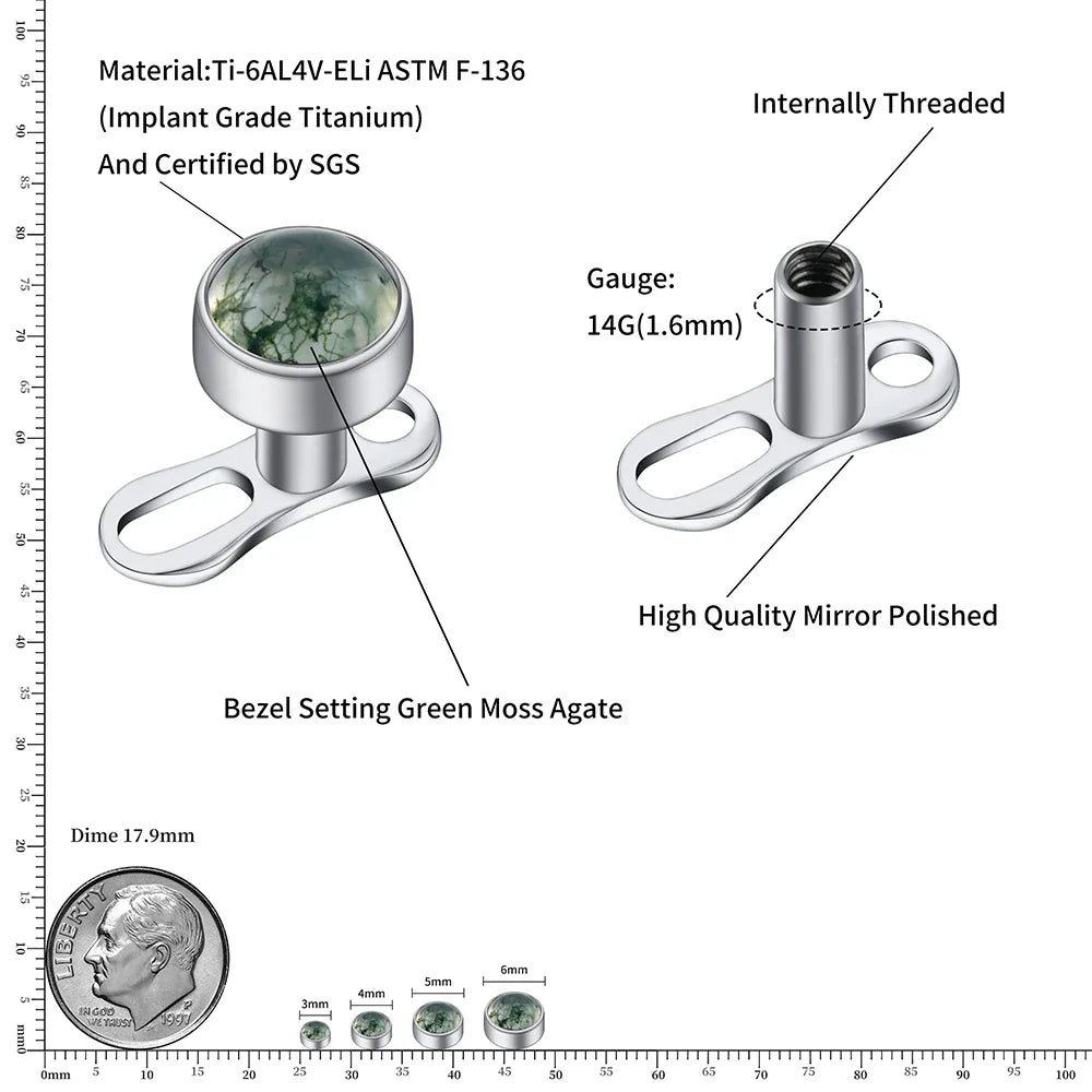 Right Grand ASTM F136 Titanium 14G Dermal Anchor Top with Natural Green Moss Agate Base Microdermal Piercing Body Jewelry