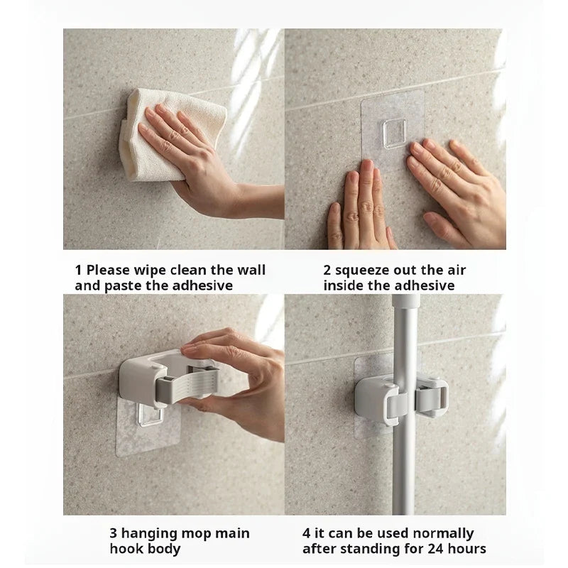 Soft Rubber Mop Broom Organizer Self Adhesive Wall Hooks Home Kitchen Bathroom Cleaning Tools Storage Shelf