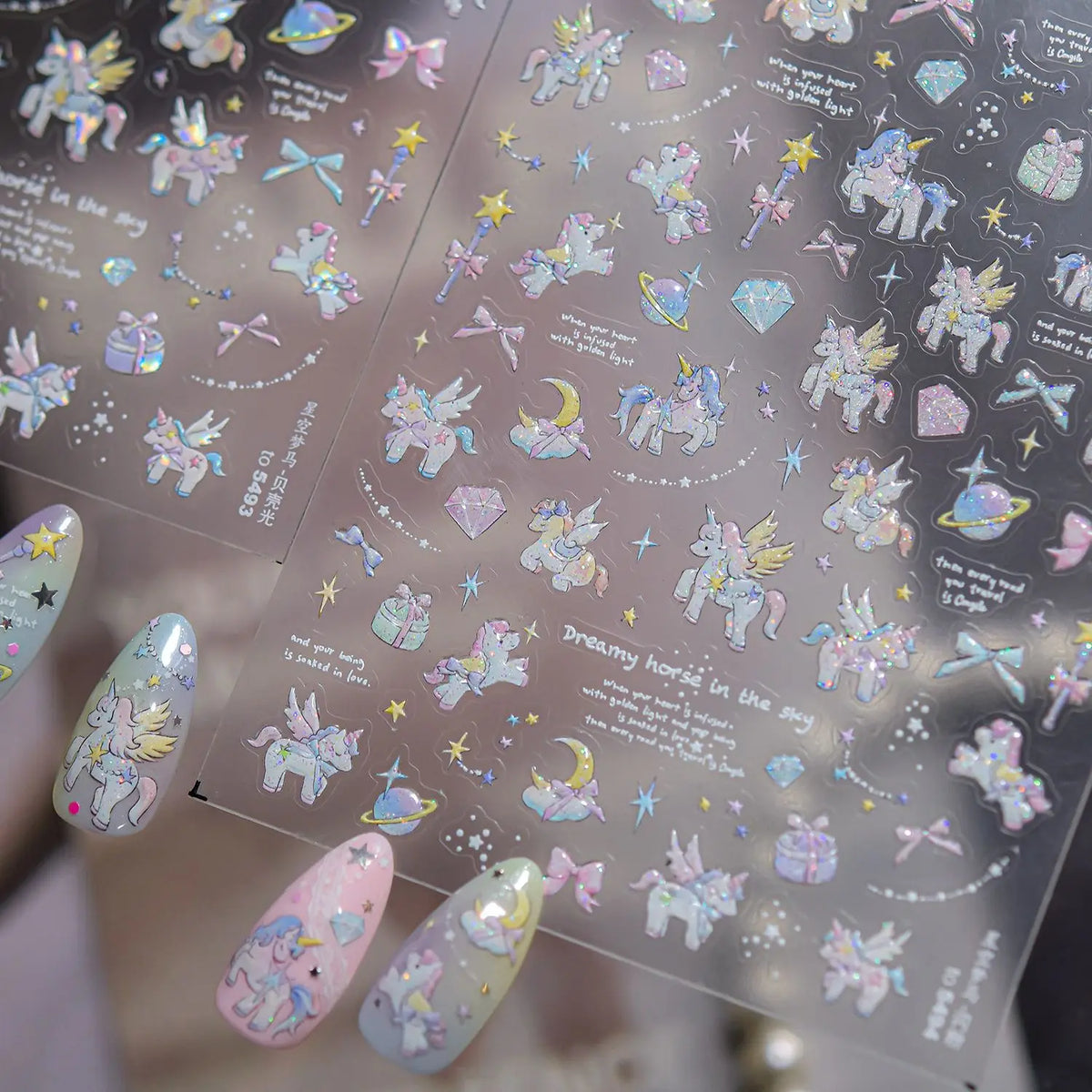 5D Fantasy Y2K Nail Decals Laser Holographic Unicorn Star Moon Gem Diamond Gift Box Self-adhesive Nail Art Sticker Fantasy Girl